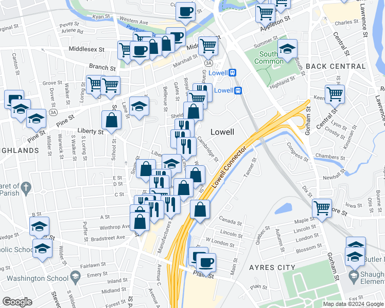 map of restaurants, bars, coffee shops, grocery stores, and more near 222 Hale Street in Lowell