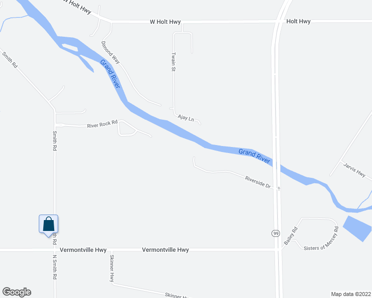 map of restaurants, bars, coffee shops, grocery stores, and more near 10601 Riverside Drive in Dimondale