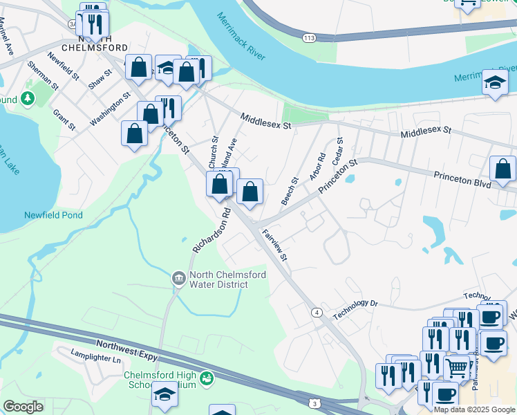 map of restaurants, bars, coffee shops, grocery stores, and more near 2 Poplar Lane in Chelmsford