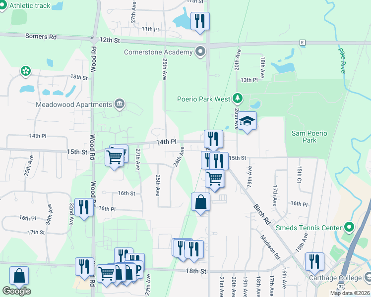 map of restaurants, bars, coffee shops, grocery stores, and more near 1503 24th Avenue in Kenosha