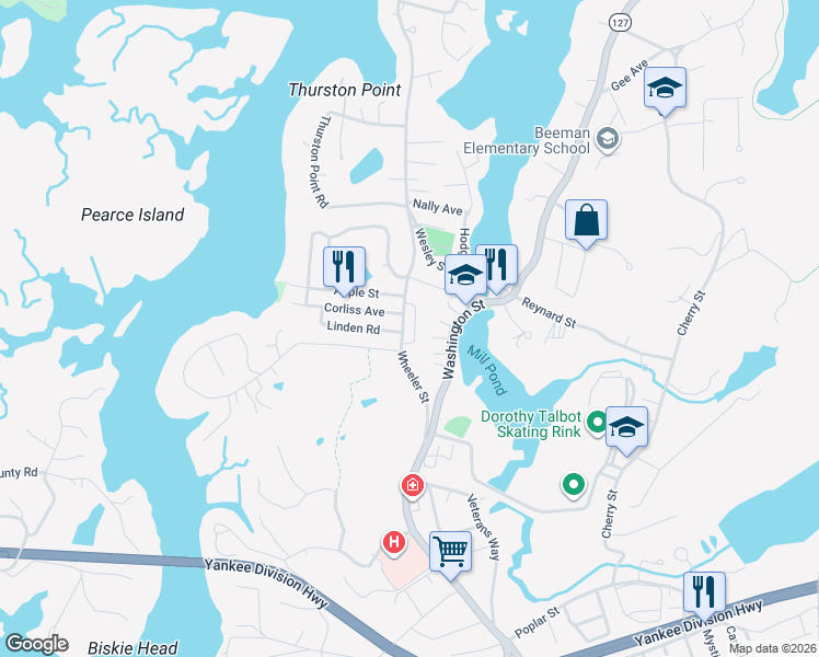 map of restaurants, bars, coffee shops, grocery stores, and more near 27R Wheeler Street in Gloucester