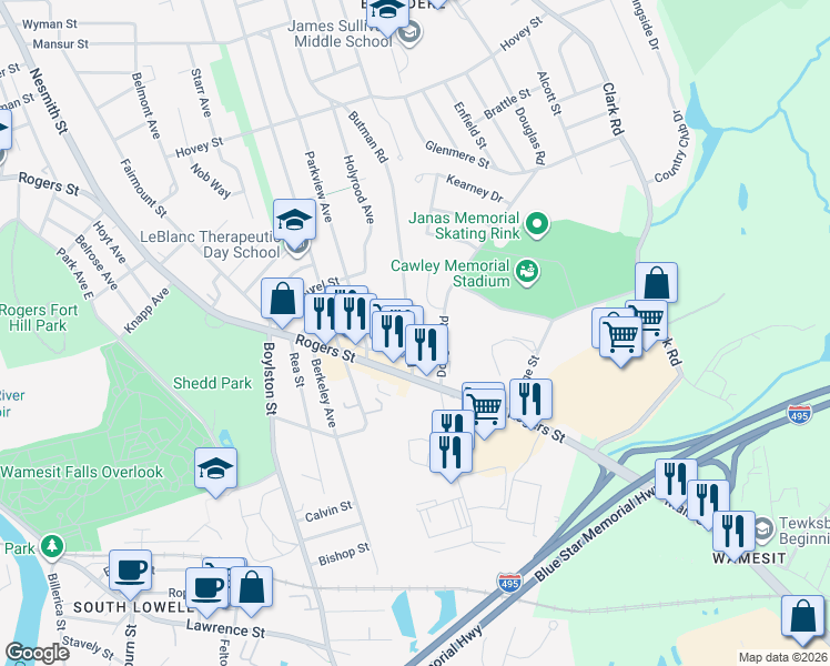 map of restaurants, bars, coffee shops, grocery stores, and more near 39 Whitehead Avenue in Lowell