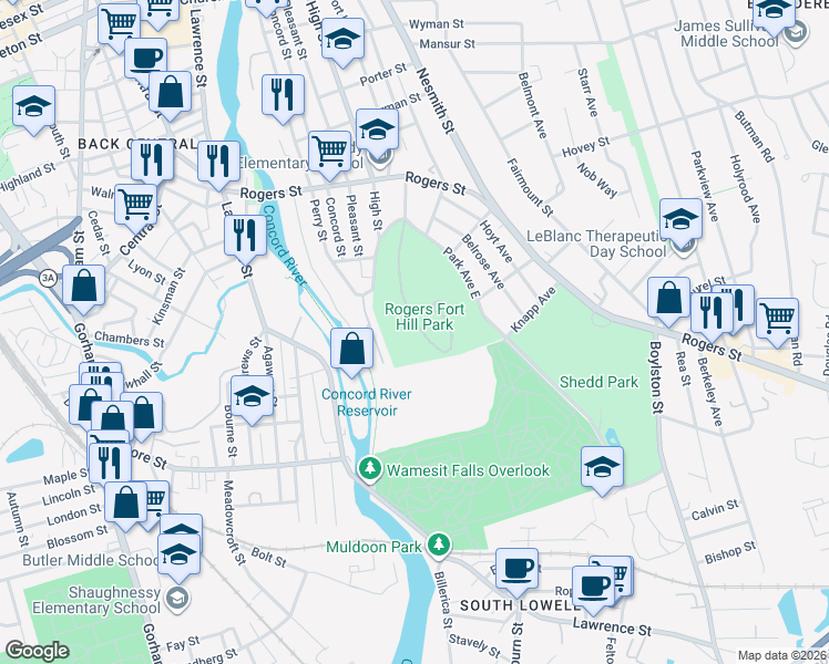 map of restaurants, bars, coffee shops, grocery stores, and more near 106 Park Avenue West in Lowell