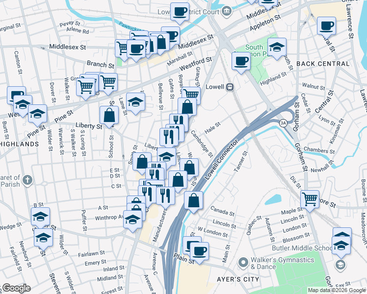 map of restaurants, bars, coffee shops, grocery stores, and more near 26 Lincoln Street in Lowell