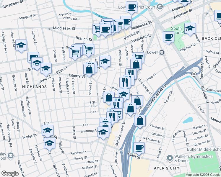 map of restaurants, bars, coffee shops, grocery stores, and more near 23 Arthur Street in Lowell