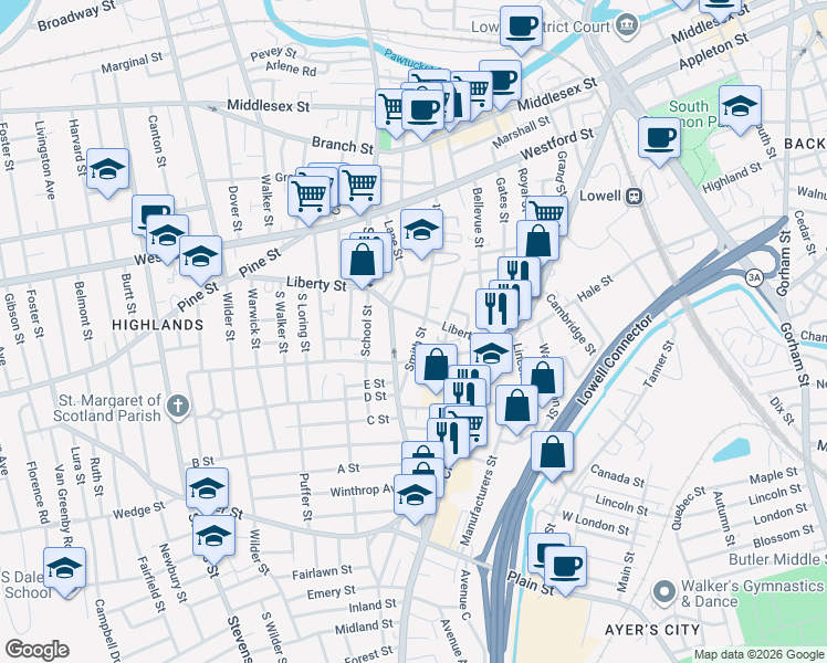 map of restaurants, bars, coffee shops, grocery stores, and more near 219 Smith Street in Lowell