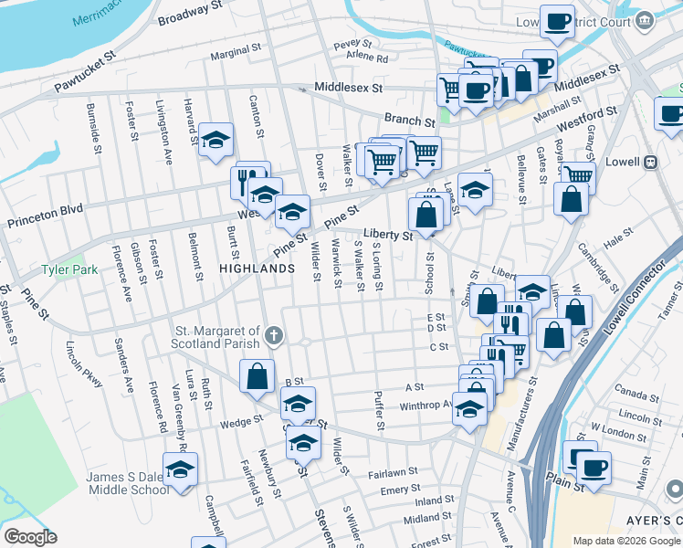 map of restaurants, bars, coffee shops, grocery stores, and more near 78 Warwick Street in Lowell