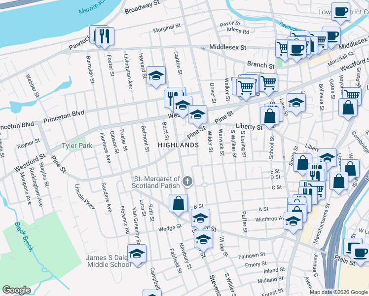 map of restaurants, bars, coffee shops, grocery stores, and more near 20 Light Avenue in Lowell