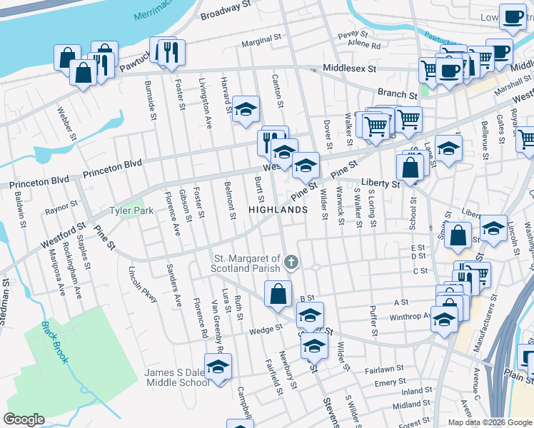 map of restaurants, bars, coffee shops, grocery stores, and more near 206 Pine Street in Lowell