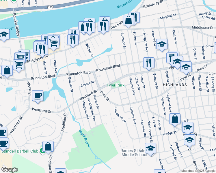 map of restaurants, bars, coffee shops, grocery stores, and more near 98 Tyler Park in Lowell