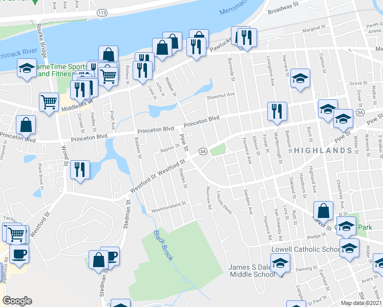 map of restaurants, bars, coffee shops, grocery stores, and more near 530 Pine Street in Lowell