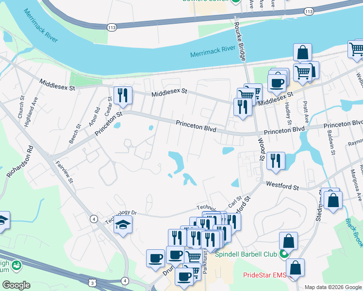 map of restaurants, bars, coffee shops, grocery stores, and more near 141 Cashin Street in Lowell