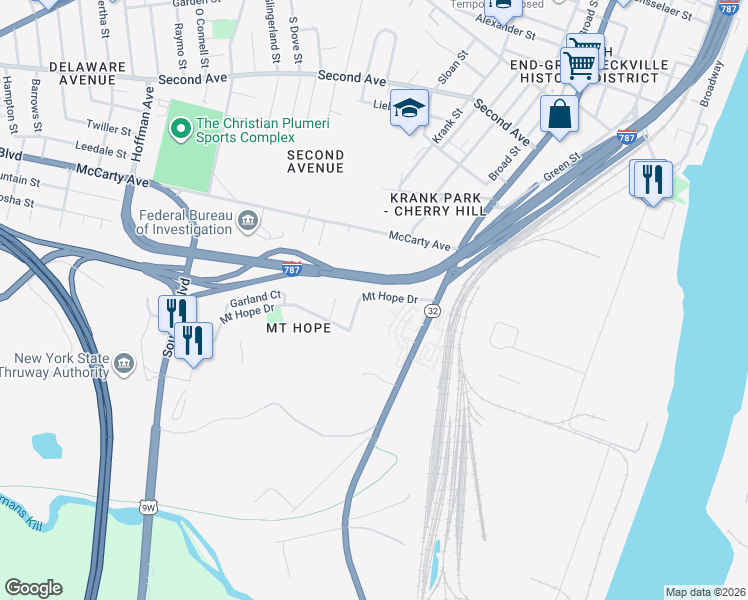 map of restaurants, bars, coffee shops, grocery stores, and more near 116 Mount Hope Drive in Albany