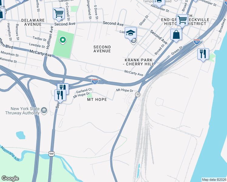 map of restaurants, bars, coffee shops, grocery stores, and more near 123 Mount Hope Drive in Albany
