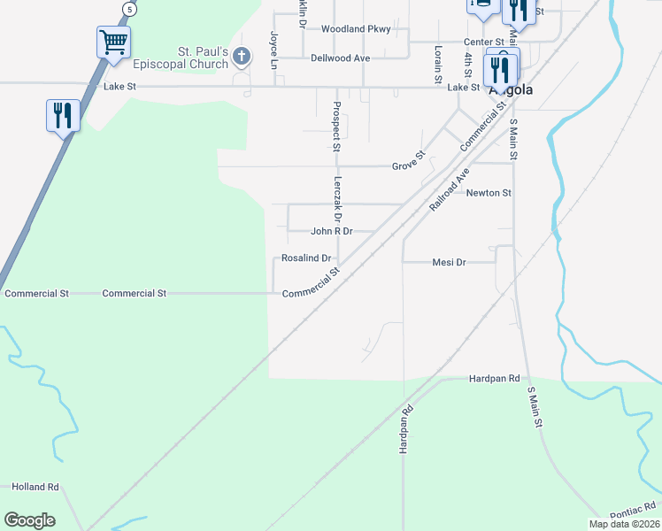 map of restaurants, bars, coffee shops, grocery stores, and more near 10 Rosalind Drive in Angola