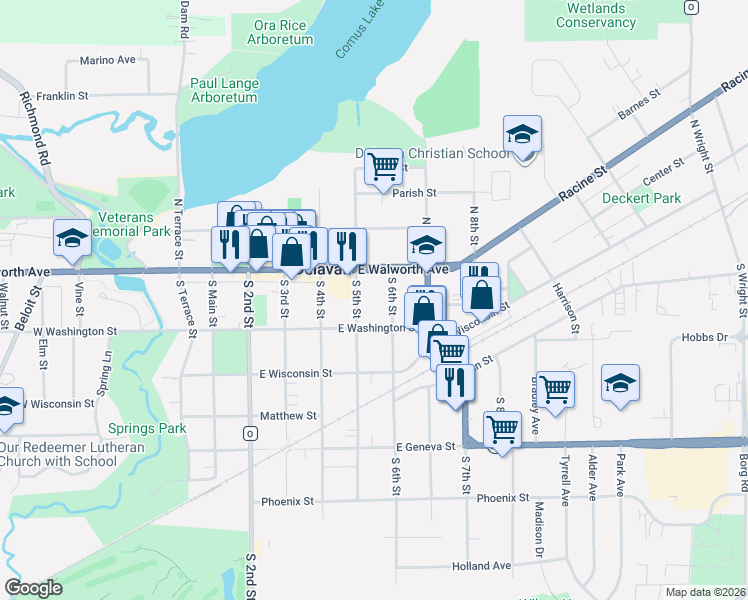 map of restaurants, bars, coffee shops, grocery stores, and more near 134 South 6th Street in Delavan