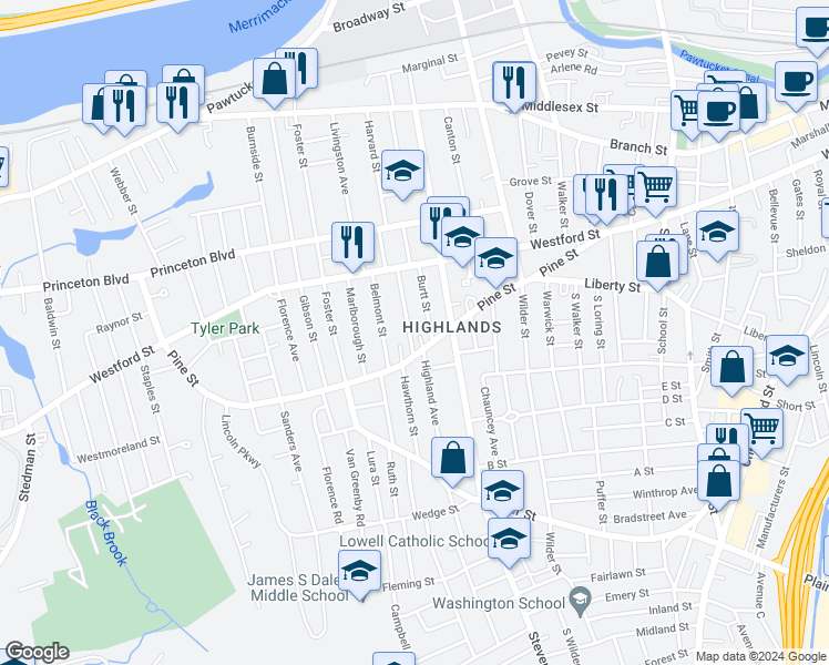 map of restaurants, bars, coffee shops, grocery stores, and more near 68 Robbins Street in Lowell
