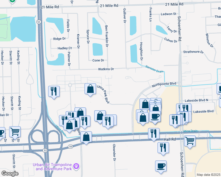 map of restaurants, bars, coffee shops, grocery stores, and more near 45544 Hidden View Court in Utica
