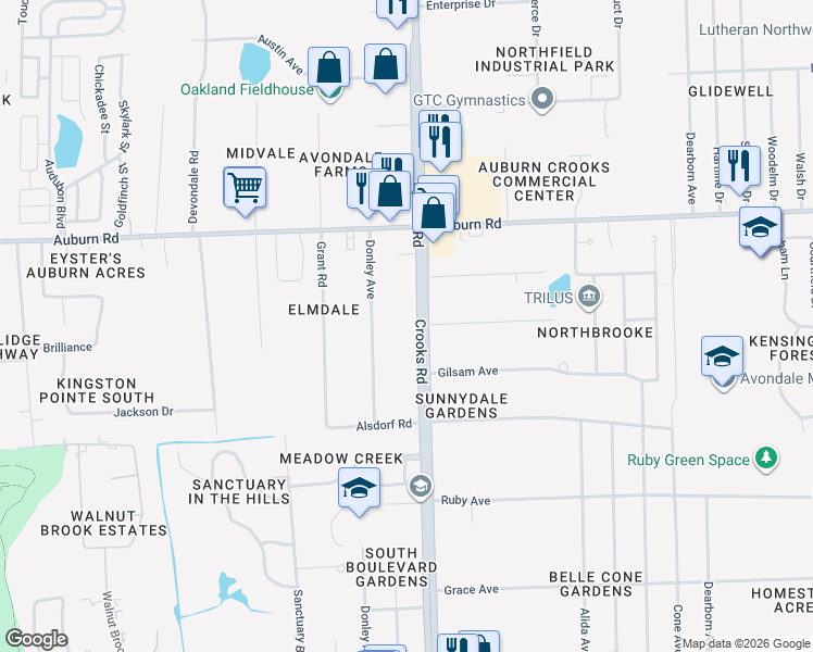 map of restaurants, bars, coffee shops, grocery stores, and more near 3250 Crooks Road in Rochester Hills