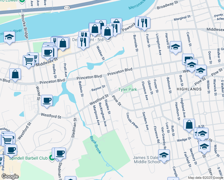 map of restaurants, bars, coffee shops, grocery stores, and more near 530 Pine Street in Lowell