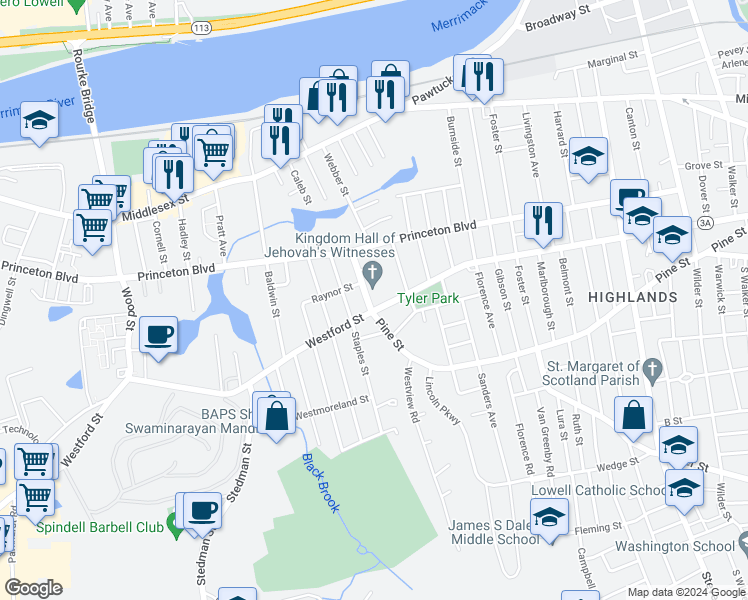 map of restaurants, bars, coffee shops, grocery stores, and more near 530 Pine Street in Lowell