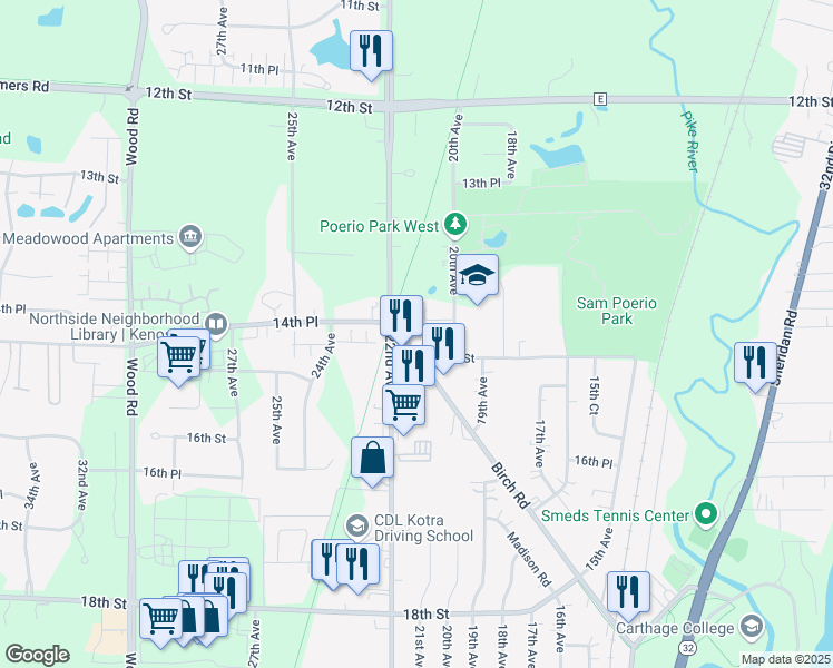 map of restaurants, bars, coffee shops, grocery stores, and more near 2129 Birch Road in Kenosha