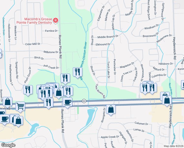 map of restaurants, bars, coffee shops, grocery stores, and more near 45483 Shoal Drive in Macomb