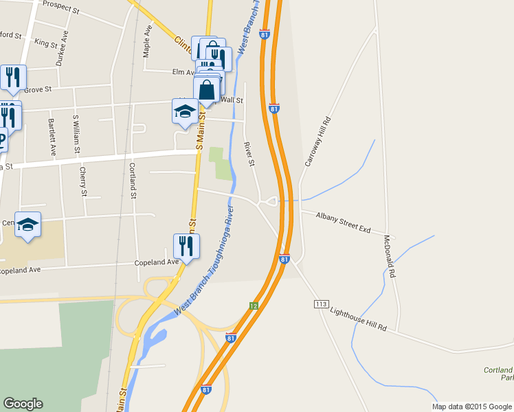 map of restaurants, bars, coffee shops, grocery stores, and more near Albany St & River St in Homer