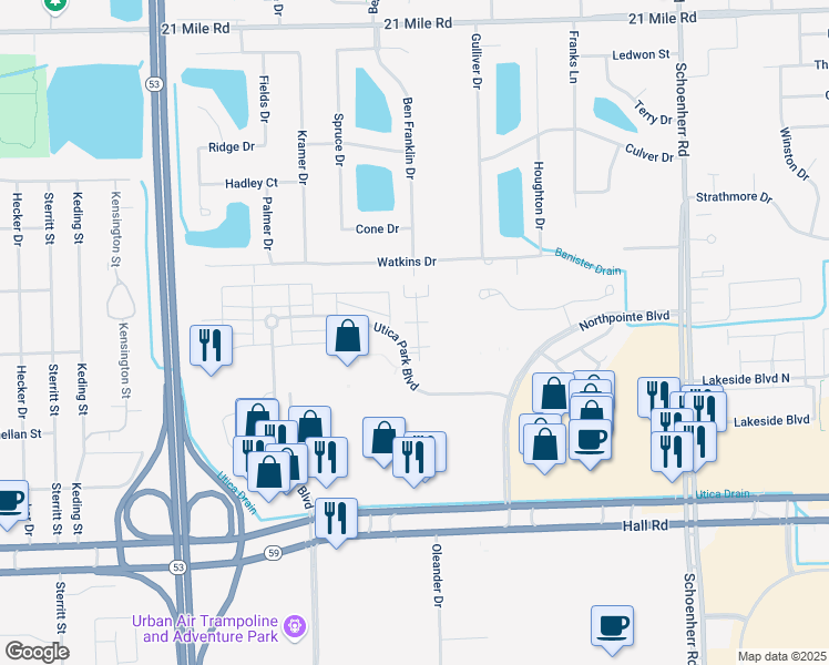 map of restaurants, bars, coffee shops, grocery stores, and more near 45552 Hidden View Court in Utica