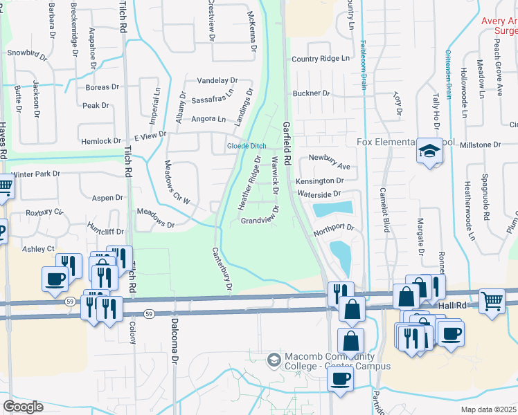 map of restaurants, bars, coffee shops, grocery stores, and more near 16324 Chatham Drive in Macomb