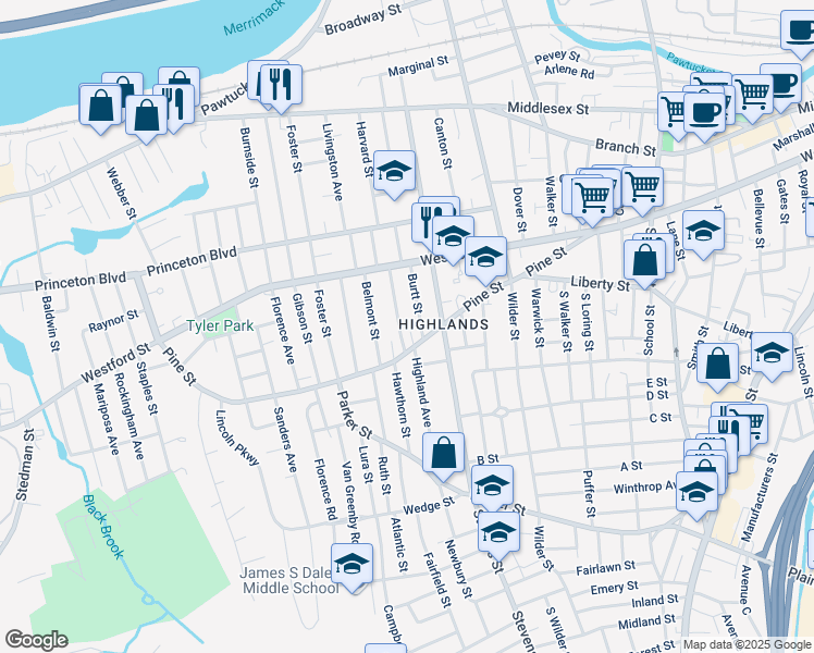 map of restaurants, bars, coffee shops, grocery stores, and more near 20 Belmont Street in Lowell