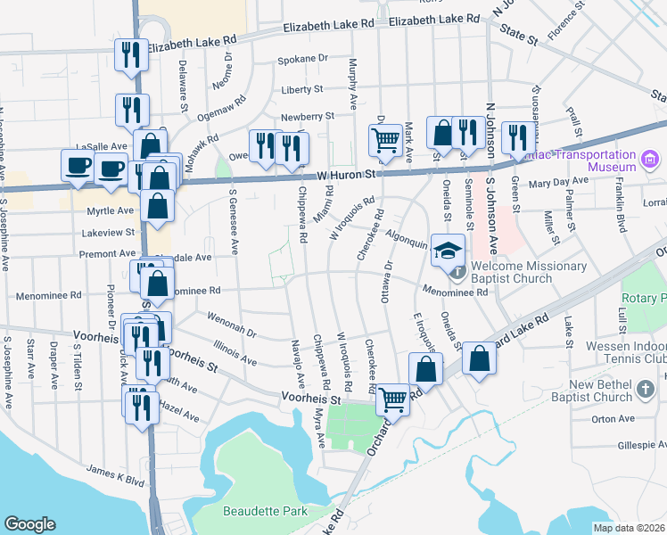 map of restaurants, bars, coffee shops, grocery stores, and more near 154 Cherokee Road in Pontiac