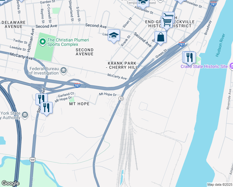 map of restaurants, bars, coffee shops, grocery stores, and more near in Albany