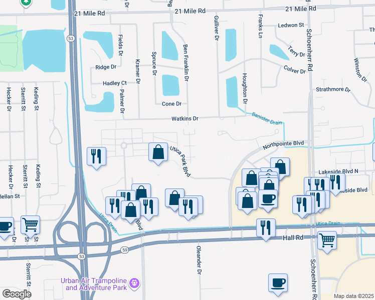 map of restaurants, bars, coffee shops, grocery stores, and more near 45555 Hidden View Court in Utica