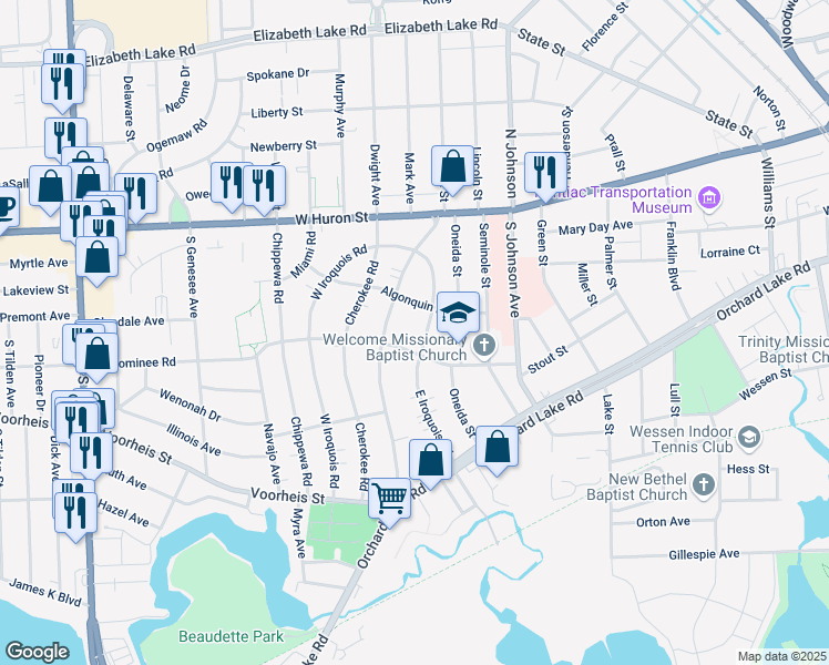 map of restaurants, bars, coffee shops, grocery stores, and more near 109 Ottawa Drive in Pontiac