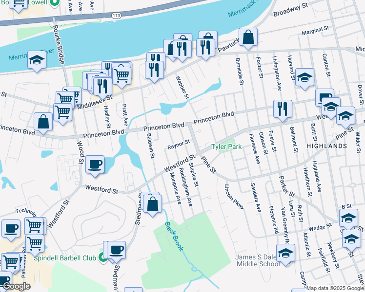 map of restaurants, bars, coffee shops, grocery stores, and more near 51 Monadnock Avenue in Lowell