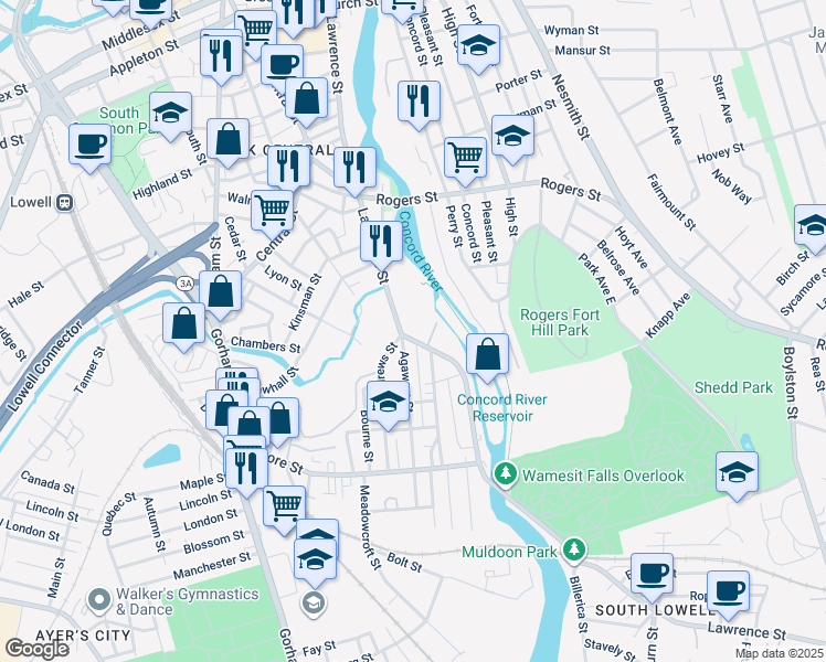 map of restaurants, bars, coffee shops, grocery stores, and more near 674 Lawrence Street in Lowell