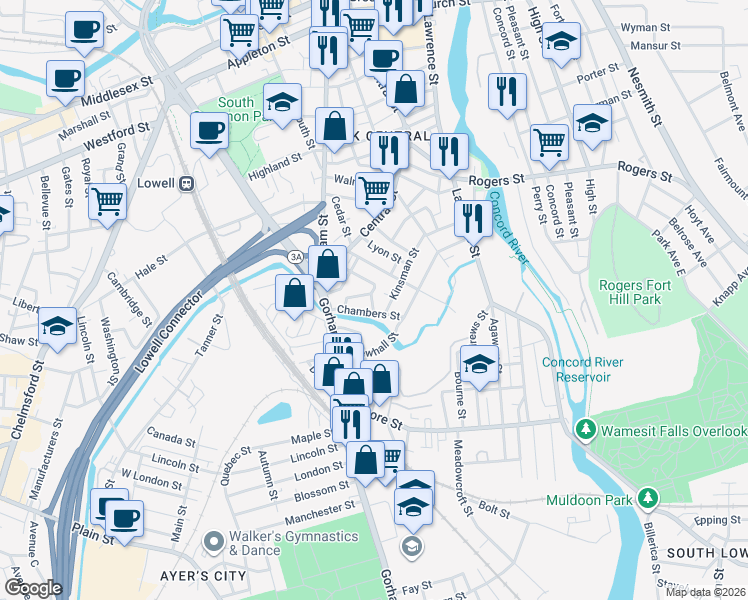 map of restaurants, bars, coffee shops, grocery stores, and more near 44 Prospect Street in Lowell