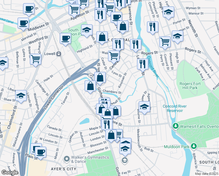 map of restaurants, bars, coffee shops, grocery stores, and more near 44 Prospect Street in Lowell