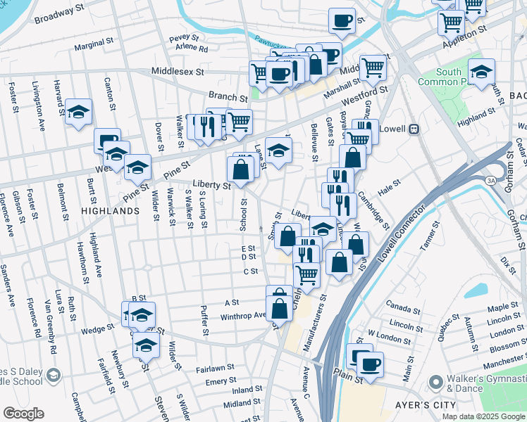 map of restaurants, bars, coffee shops, grocery stores, and more near 111 Liberty Street in Lowell