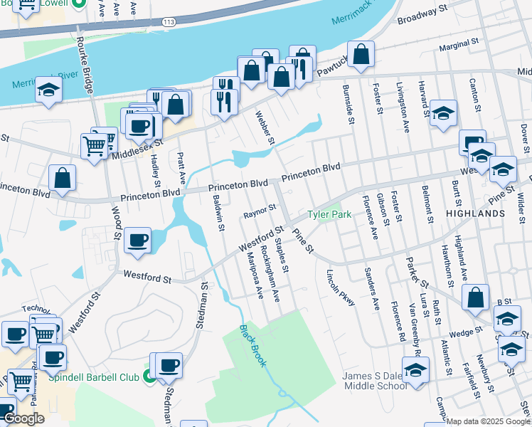 map of restaurants, bars, coffee shops, grocery stores, and more near 51 Monadnock Avenue in Lowell