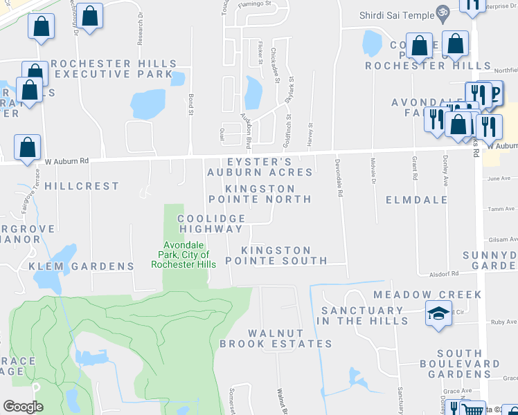 map of restaurants, bars, coffee shops, grocery stores, and more near 3073 Florence Court in Rochester Hills