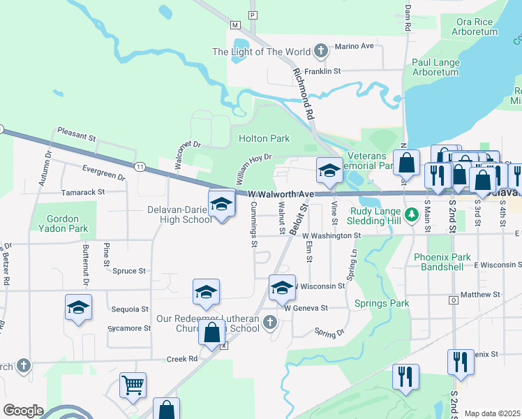 map of restaurants, bars, coffee shops, grocery stores, and more near 408 West Walworth Avenue in Delavan