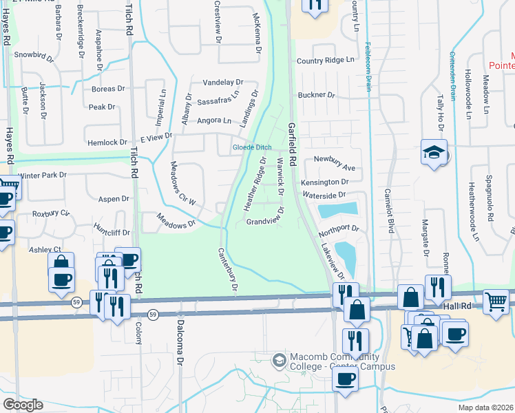 map of restaurants, bars, coffee shops, grocery stores, and more near 16393 Chatham Drive in Macomb