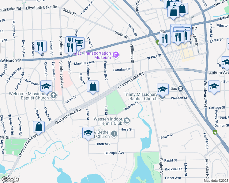 map of restaurants, bars, coffee shops, grocery stores, and more near 278 Orchard Lake Road in Pontiac