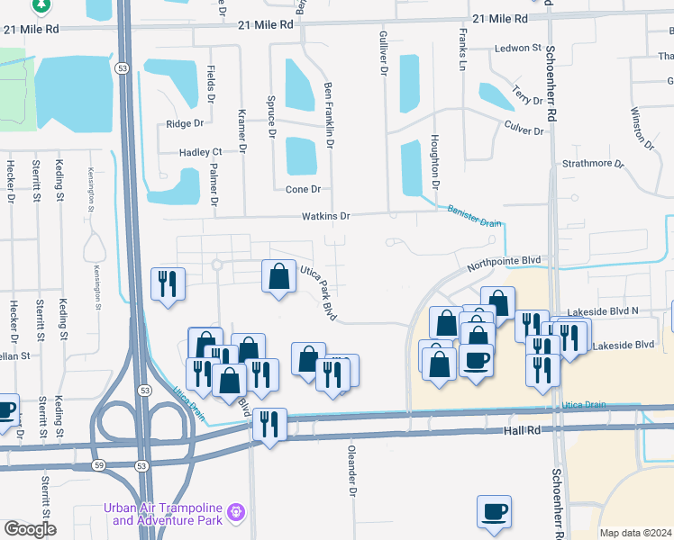 map of restaurants, bars, coffee shops, grocery stores, and more near 45521 Hidden View Court in Utica