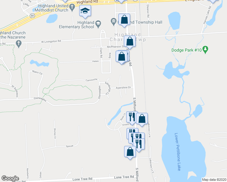 map of restaurants, bars, coffee shops, grocery stores, and more near 685 Edinburgh Circle in Highland Charter Township
