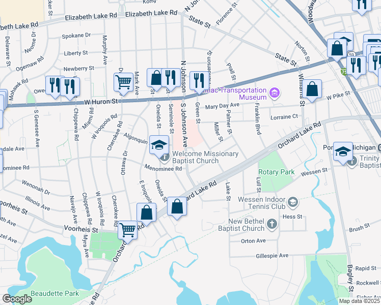 map of restaurants, bars, coffee shops, grocery stores, and more near 35 Portage Street in Pontiac