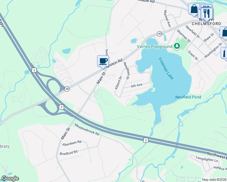 map of restaurants, bars, coffee shops, grocery stores, and more near 15 Kiberd Drive in Chelmsford