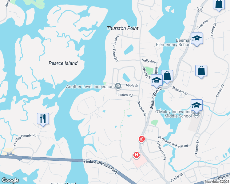 map of restaurants, bars, coffee shops, grocery stores, and more near 2 Juniper Road in Gloucester